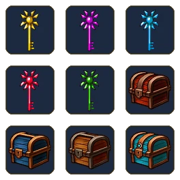 ไอคอนกุญแจห้าสีและหีบสมบัติจากในเกม